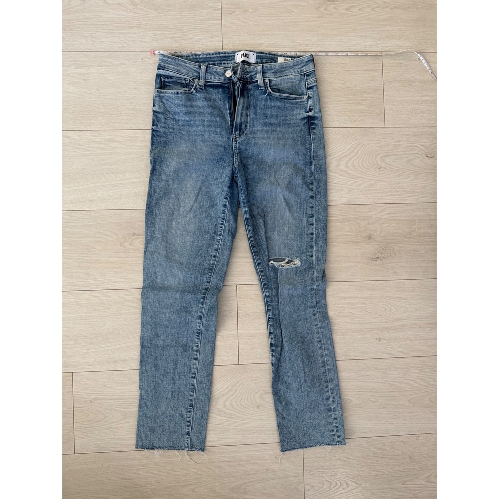 PAIGE Womens High Rise Straight Leg Jeans Blue Wash Distressed Size 28